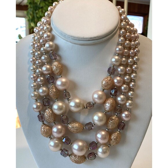 Vintage Pastel Peach Plastic Bead 4 Strand Tiered 16'' Necklace 1960s Japan - Picture 2 of 9